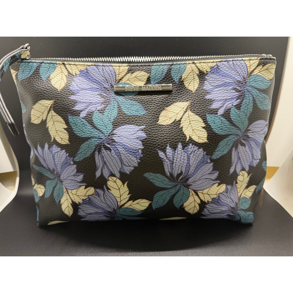 Steve Madden Floral Cosmetic Bag Clutch Faux Leather Black EUC 12"x9"